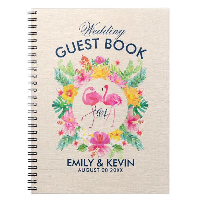 Pink Flamingos Tropical Wreath Wedding Guestbook Notebook (Front)