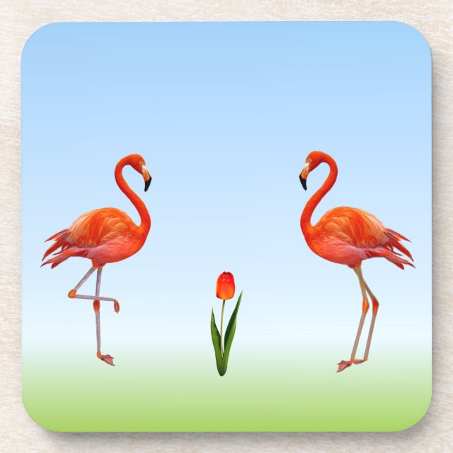 Pink Flamingos & Tulip Flower on Light Blue Coaster (Front)