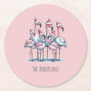 Pink Flamingos Wearing Santa Hats Round Coaster
