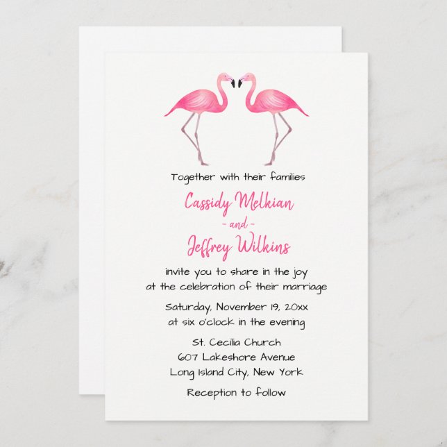 Pink Flamingos Wedding Tropical Summer Beach Invitation (Front/Back)
