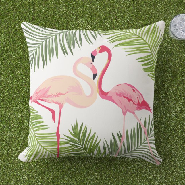 Pink Flamingos with Palm Leaves Cushion (Grass)