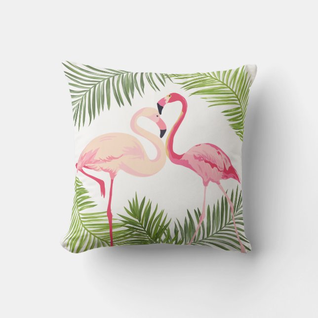 Pink Flamingos with Palm Leaves Outdoor Cushion (Front)