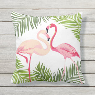Pink Flamingos with Palm Leaves Outdoor Cushion