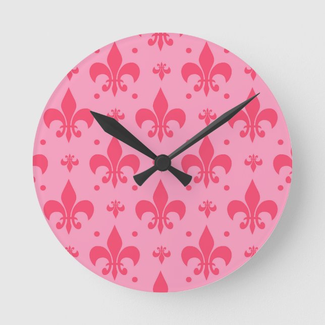 Pink Fleur-de-lis Pattern Design  Round Clock (Front)