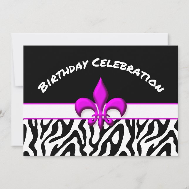 Pink Fleur de Lis Zebra Pattern Birthday Invitation (Front)
