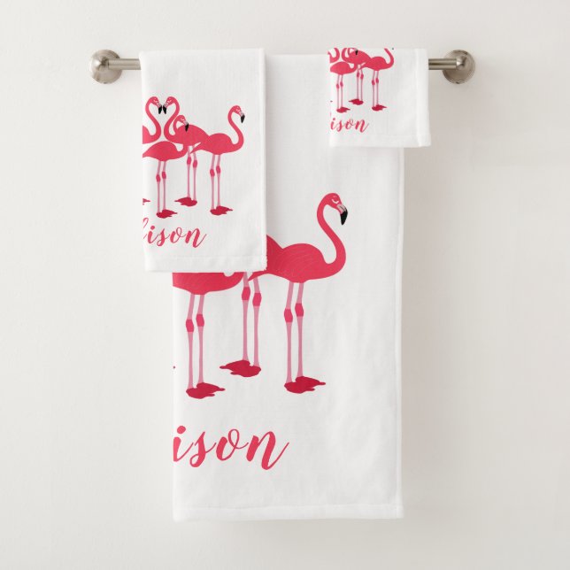 Pink Flock Of Flamingos Themed Bath Towel Set (Insitu)