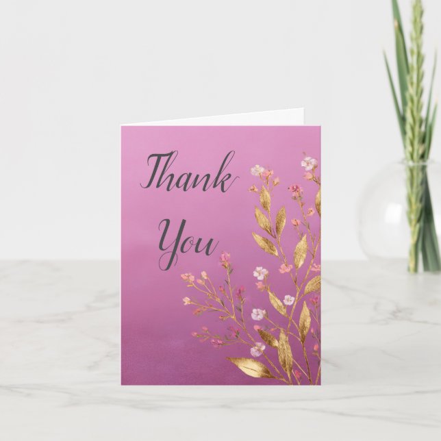 Pink Flora & Gold Foil Trim Thank You Card (Front)