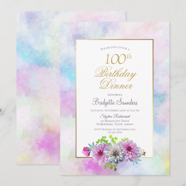 Pink Floral 100th Birthday Dinner Party Invitation (Front/Back)