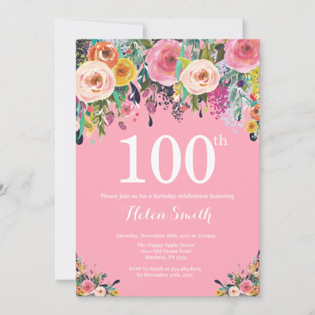 Pink Floral 100th Birthday Invitation (Front)