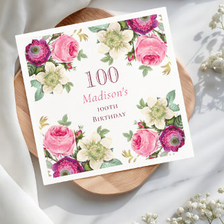 Pink Floral 100th Birthday Napkin