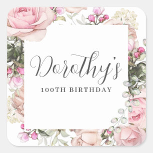 Pink Floral 100th Birthday Party Custom Favour Square Sticker