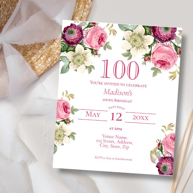 Pink Floral | 100th Budget Birthday Invitation (Creator Uploaded)