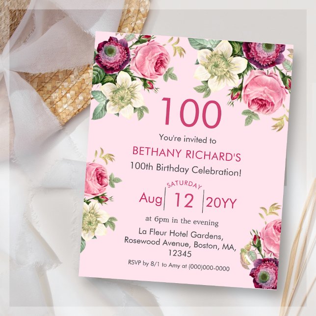 Pink Floral | 100th Budget Birthday Invitation (Creator Uploaded)