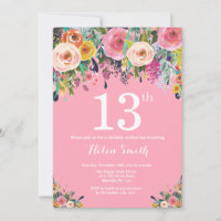 Pink Floral 13th Birthday Invitation