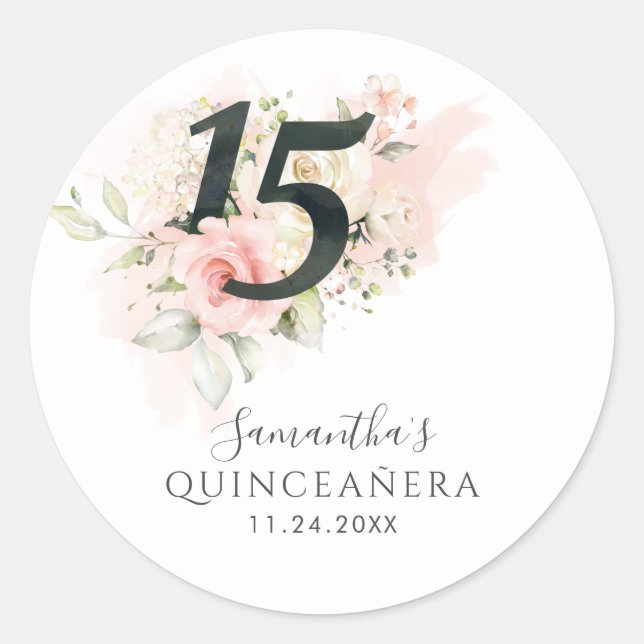 Pink Floral 15th Birthday Quinceanera Greenery Classic Round Sticker (Front)