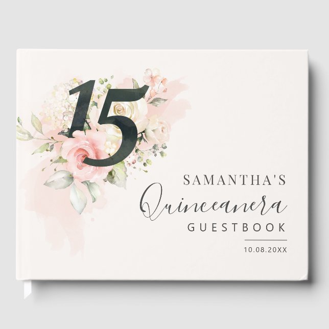 Pink Floral 15th Birthday Qunceanera Guest Book (Front)