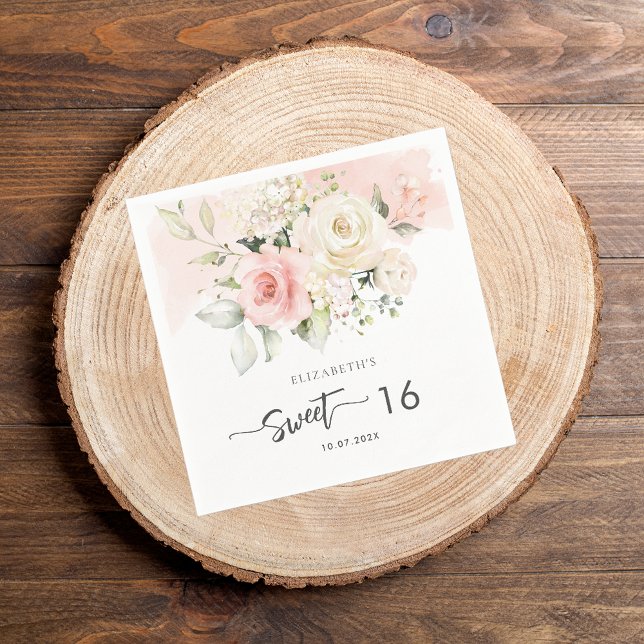 Pink Floral 16th Birthday Party Paper Napkin (Pink Floral Sweet Sixteen Birthday Paper Napkin)