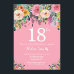Pink Floral 18th Birthday Invitation<br><div class="desc">Pink Floral 18th Birthday Invitation for Women. Watercolor Floral Flower. Pink Background. Pink, Yellow, Orange, Purple Flower. Adult Birthday. 13th 15th 16th 18th 20th 21st 30th 40th 50th 60th 70th 80th 90th 100th, Any Ages. For further customisation, please click the "Customise it" button and use our design tool to modify...</div>