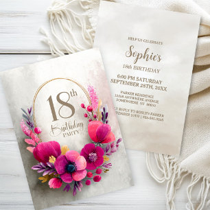 Pink Floral 18th Birthday Party Invitation