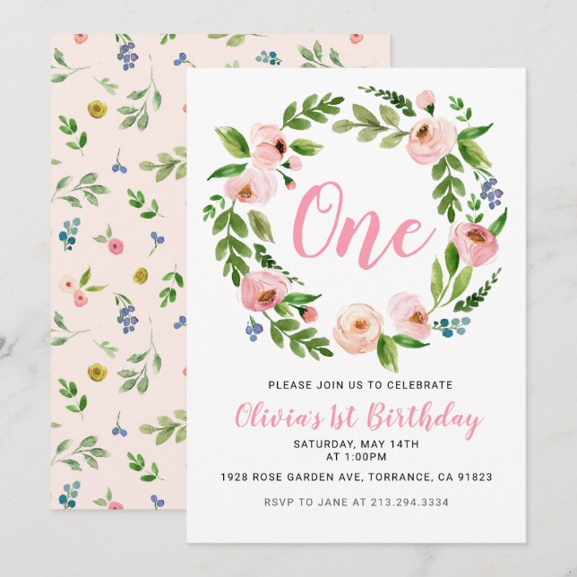 Pink Floral 1st Birthday Invitations | Peony Girl (Front/Back)