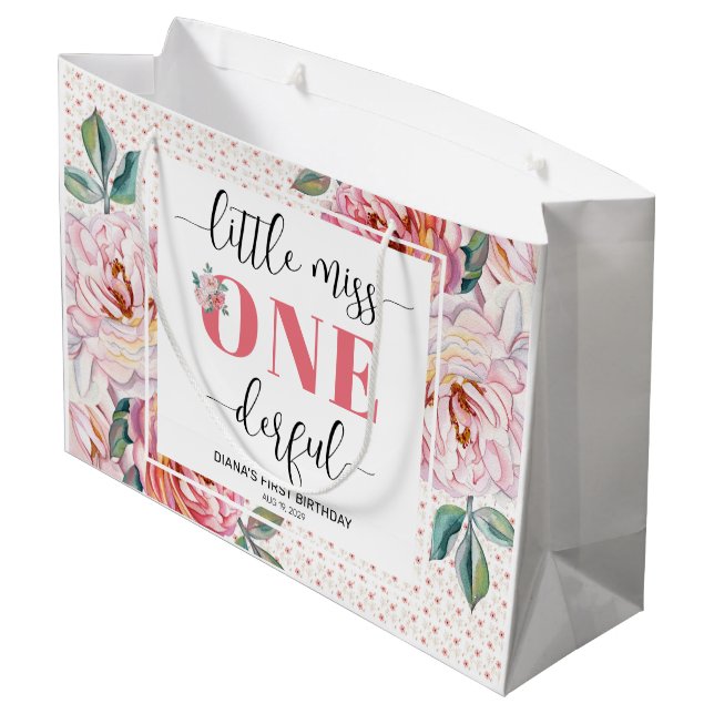 Pink Floral 1st Birthday  Large Gift Bag (Back Angled)