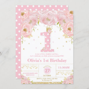 Pink Floral 1st Birthday Princess Invitation Girl