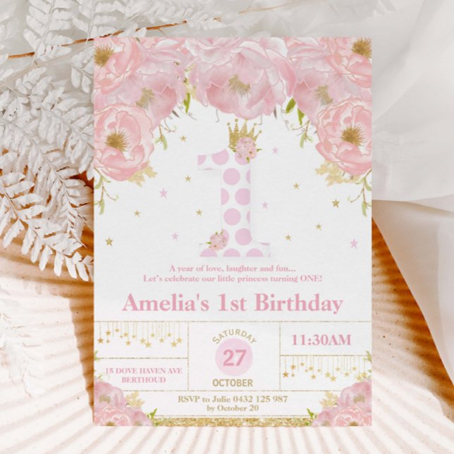 Pink Floral 1st Birthday Princess Invitation Girl (Creator Uploaded)
