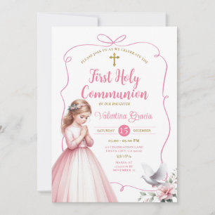 Pink Floral 1st Holy Communion Girl Praying Cross Invitation
