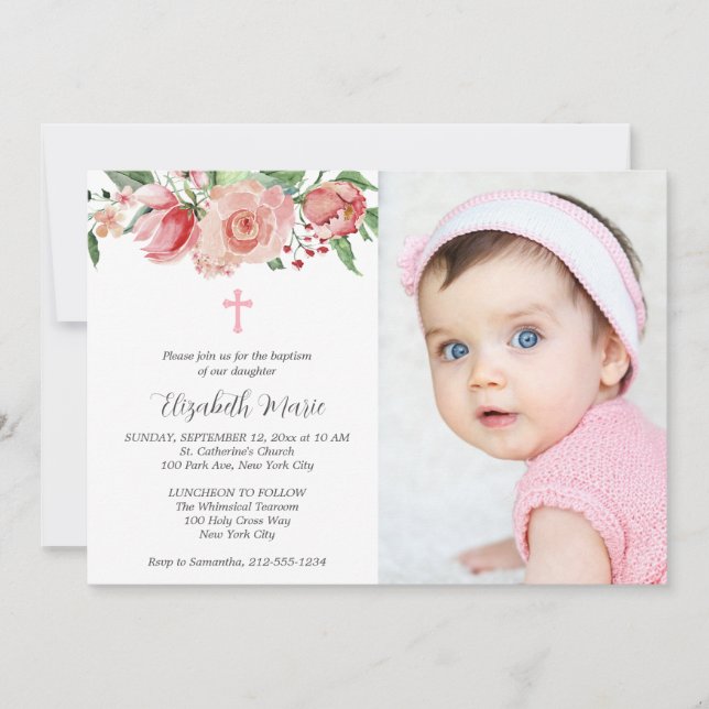 Pink Floral 2 Photo Bible Verse Baptism for Girls Invitation (Front)