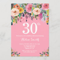 Pink Floral 30th Birthday Invitation