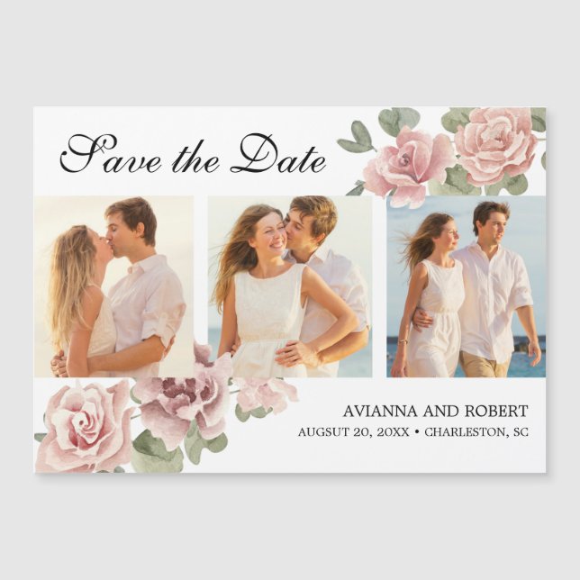 Pink Floral 3 Photo Wedding Magnetic Save the Date (Front)