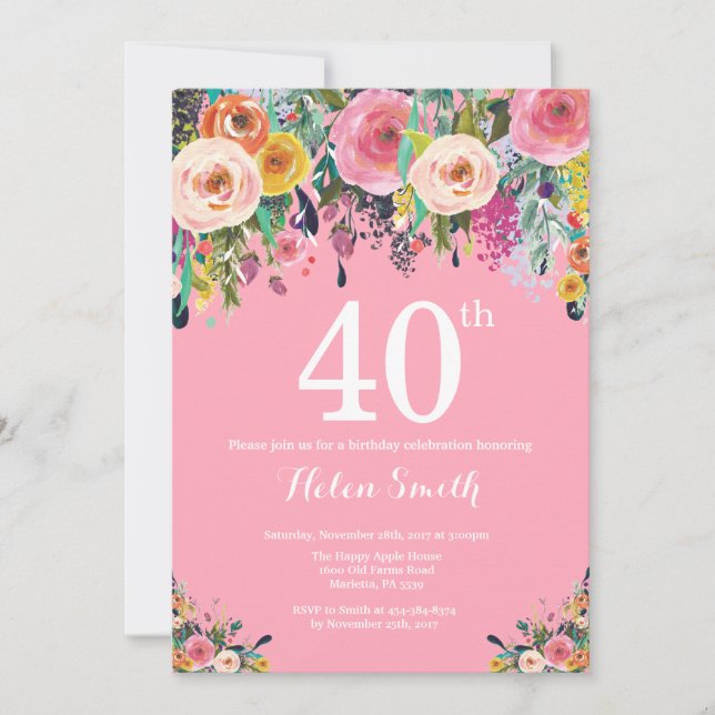 Pink Floral 40th Birthday Invitation (Front)