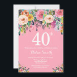 Pink Floral 40th Birthday Invitation<br><div class="desc">Pink Floral 40th Birthday Invitation for Women. Watercolor Floral Flower. Pink Background. Pink, Yellow, Orange, Purple Flower. Adult Birthday. 13th 15th 16th 18th 20th 21st 30th 40th 50th 60th 70th 80th 90th 100th, Any Ages. For further customisation, please click the "Customise it" button and use our design tool to modify...</div>