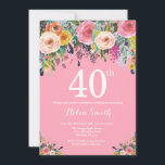 Pink Floral 40th Birthday Invitation<br><div class="desc">Pink Floral 40th Birthday Invitation for Women. Watercolor Floral Flower. Pink Background. Pink, Yellow, Orange, Purple Flower. Adult Birthday. 13th 15th 16th 18th 20th 21st 30th 40th 50th 60th 70th 80th 90th 100th, Any Ages. For further customisation, please click the "Customise it" button and use our design tool to modify...</div>