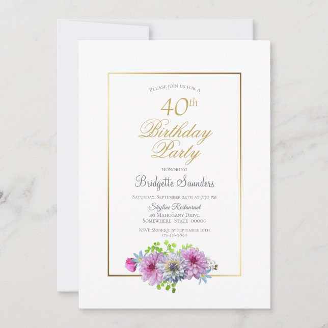 Pink Floral 40th Birthday Party Invitation (Front)