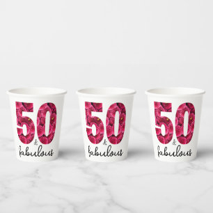 Pink Floral 50 and Fabulous 50th Birthday Party Paper Cups