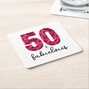 Pink Floral 50 and Fabulous 50th Birthday Party Square Paper Coaster