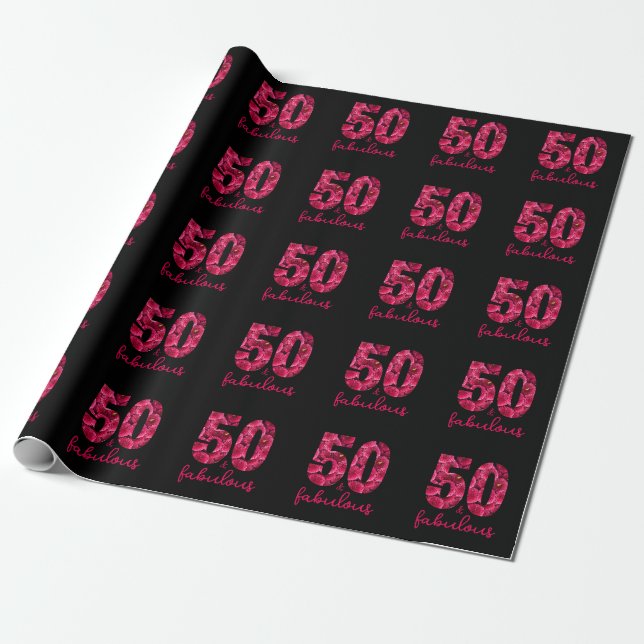 Pink Floral 50 and Fabulous 50th Birthday Party Wrapping Paper (Unrolled)