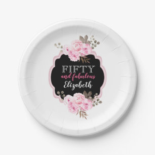 Pink Floral 50 and Fabulous Black & White Stripe Paper Plate