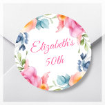 Pink Floral 50th Birthday Party Favour Classic Round Sticker<br><div class="desc">Looking for a fun and festive way to add a personal touch to your upcoming 50th birthday party? Check out our custom birthday party stickers! Featuring a vibrant border of colourful spring florals against a crisp white background, these stickers are the perfect way to add a pop of colour to...</div>