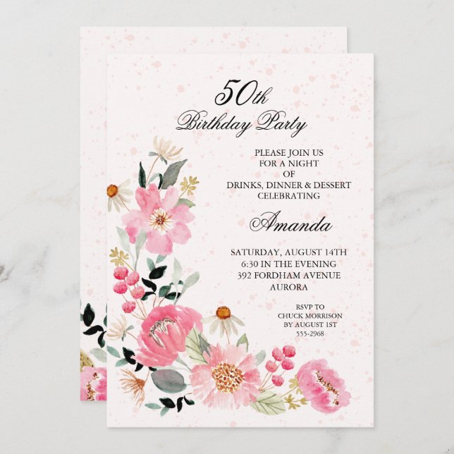 Pink Floral 50th Birthday Party Invitation (Front/Back)