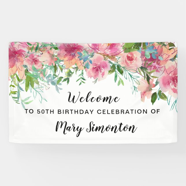 Pink Floral 50th Birthday Party Welcome Banner (Horizontal)