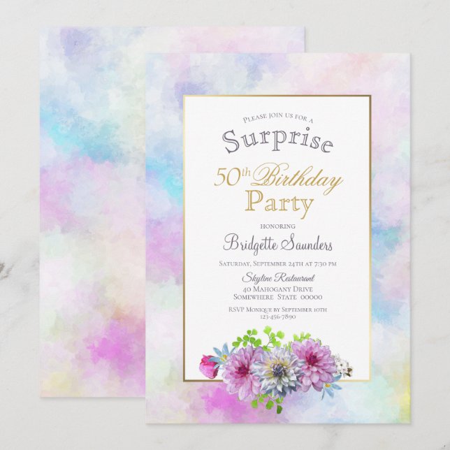 Pink Floral 50th Birthday Surprise Party Invitation (Front/Back)