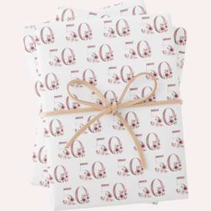 Pink Floral 50th Birthday Wrapping Paper Sheet