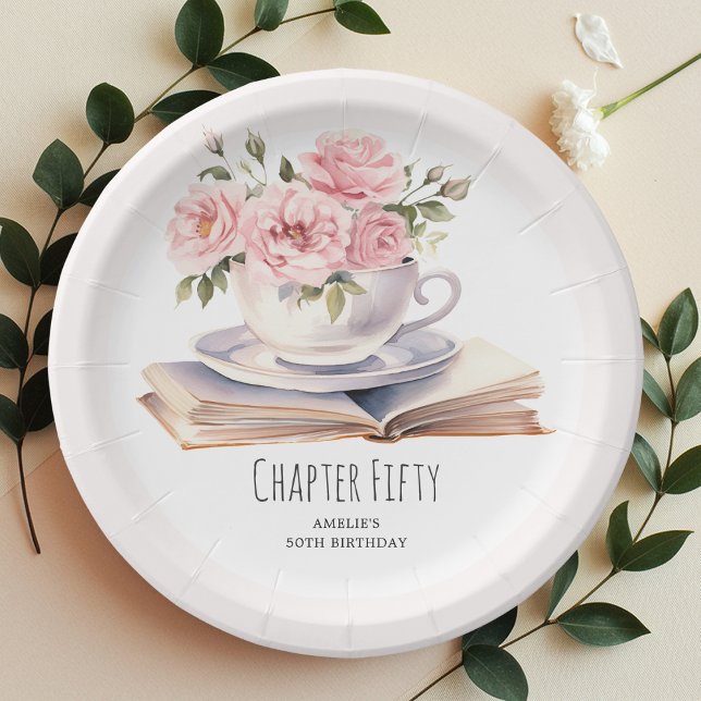 Pink Floral 50th Book Theme Birthday  Paper Plate (Creator Uploaded)