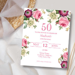 Pink Floral   50th Budget Birthday Invitation