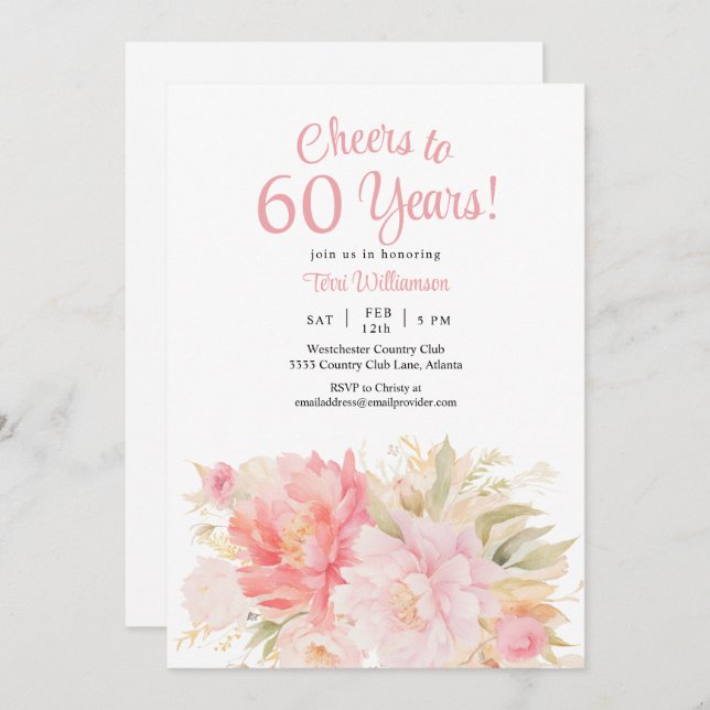 Pink Floral 60th Birthday Cheers to 60 Years Invitation (Front/Back)