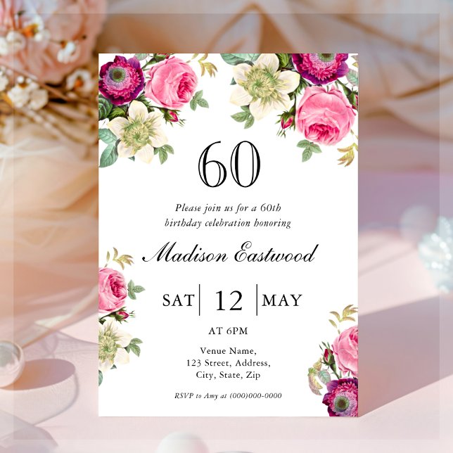 Pink Floral 60th Birthday Invitation (Creator Uploaded)