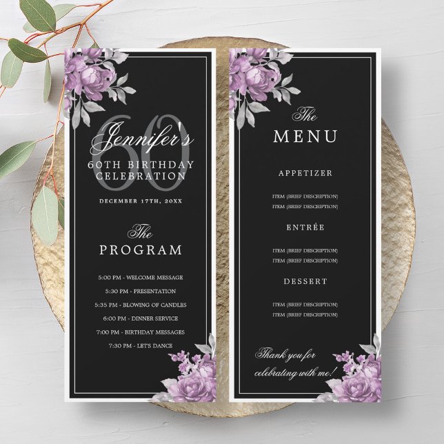 Pink Floral 60th Birthday Program Menu Black  (Pink Floral 60th Birthday Program Menu Black )