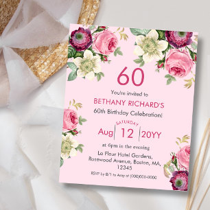Pink Floral   60th Budget Birthday Invitation